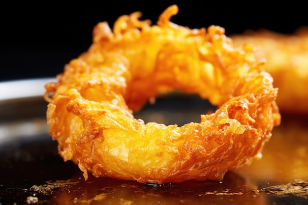Photo closeup shot of an onion ring showing the shiny golden crust