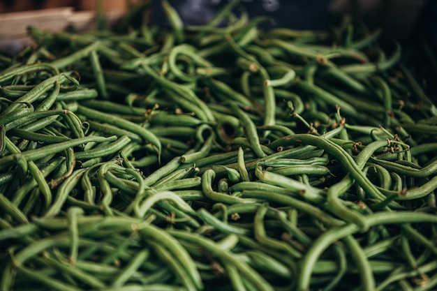 Closeup shot of the organic green String beans after harvest