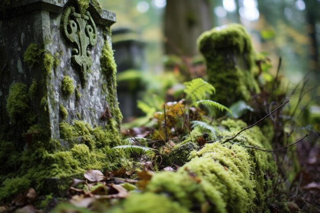 Photo a closeup shot of an overgrown mosscovered gravestone