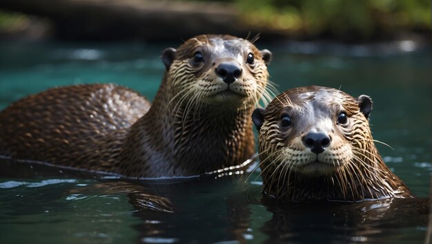 Closeup shot of a pair of river otters swimming in the water