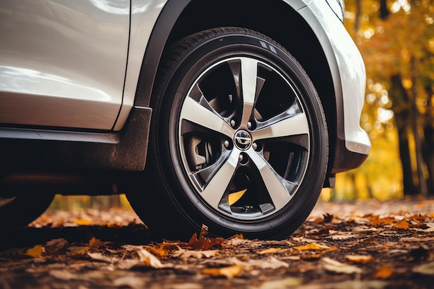 Closeup shot of a parked car's wheel with an aluminum rim