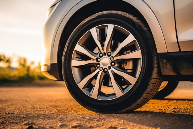 Photo closeup shot of a parked cars wheel with an aluminum rim
