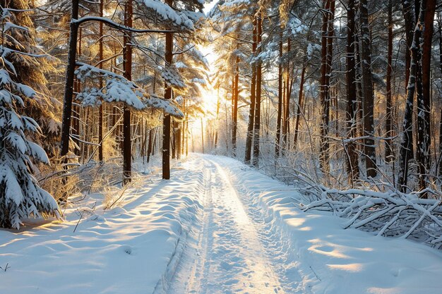 Closeup shot of a path in a snowy winter forest