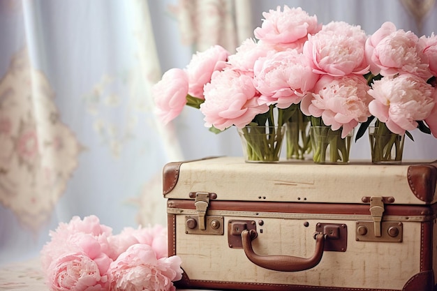 Closeup shot of a peony bouquet with a vintage hand fan