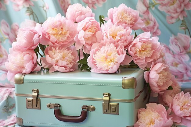 Closeup shot of a peony bouquet with a vintage hand fan