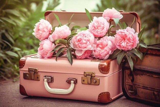 Closeup shot of a peony bouquet with a vintage hand fan