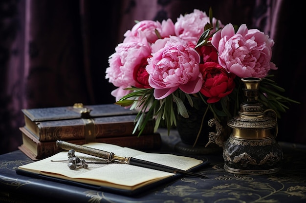 Closeup shot of a peony bouquet with a vintage hand fan