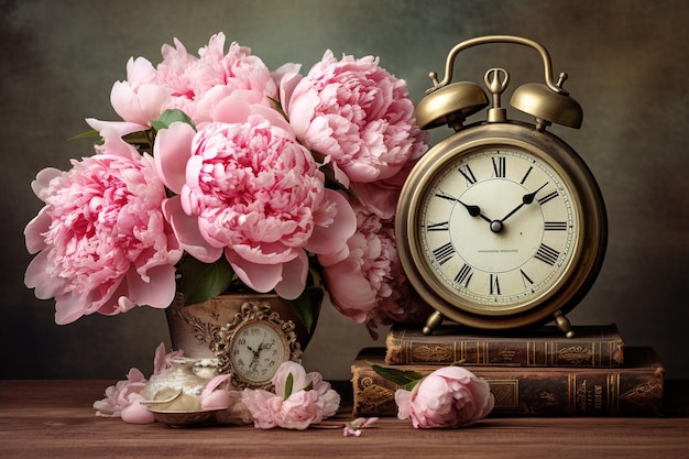 Closeup shot of a peony bouquet with a vintage hand fan