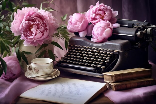 Photo closeup shot of a peony bouquet with a vintage hand fan