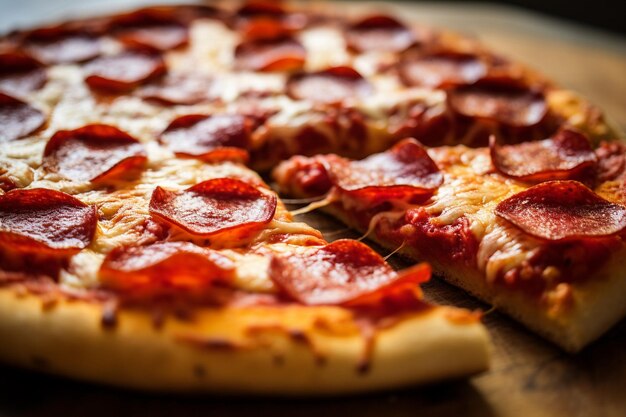 A closeup shot of a pepperoni pizza with selective focus on the toppings