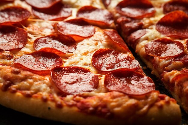 A closeup shot of pepperoni slices on a pizza