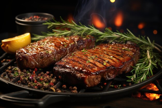 A closeup shot of a perfectly grilled steak glistening with savory juices