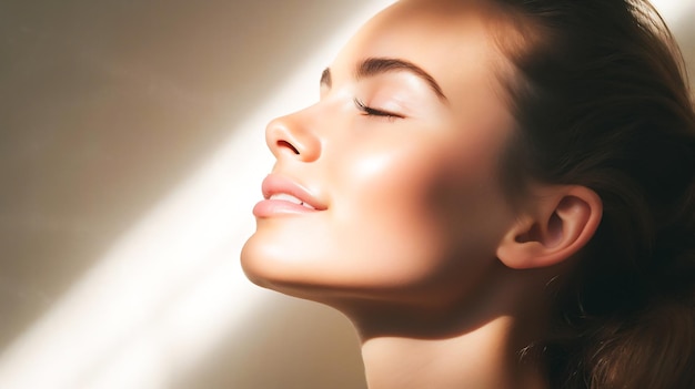 A closeup shot of a perfectly lit radiant and healthylooking face showcasing smooth supple skin