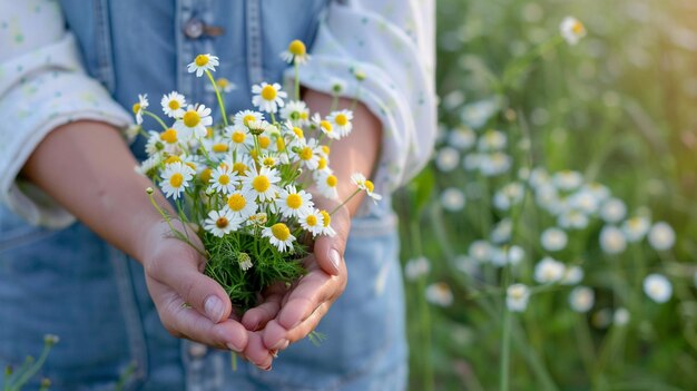 A CloseUp Shot of a Person Holding Chamomile Flowers