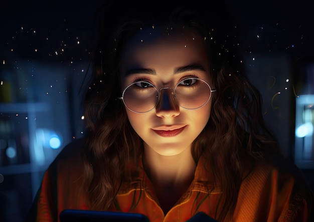 A closeup shot of a person's face illuminated by the glow of a language learning app on a tablet