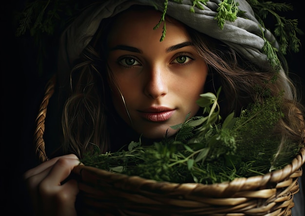 A closeup shot of a person's face partially obscured by a woven basket filled with freshly picked