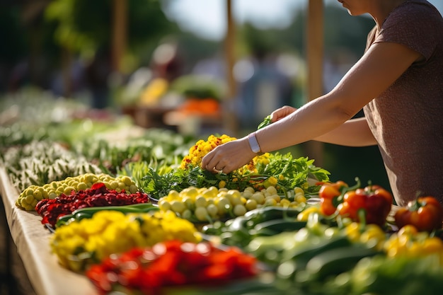 Foto un primo piano di una persona che prende verdure dal mercato degli agricoltori locali
