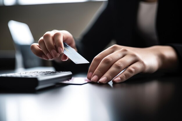 Closeup shot of a person using a credit card in their office created with generative ai