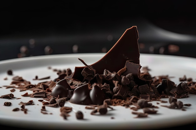 Closeup shot of a piece of dark chocolate flakes on a delicious white plate