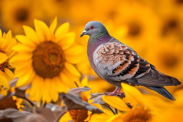 Closeup shot of a pigeon perched on dry sunflowers