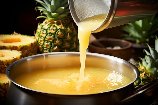 A closeup shot of pineapple juice being strained through a sieve