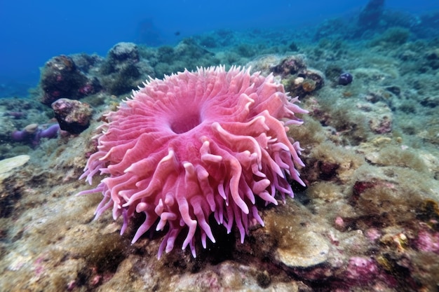 Closeup shot of a pink sea anemone attached to coral