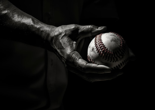 야구공의 손이 야구공을 잡고 있는 클로즈업  ⁇ 은 긴장과 결단력을 포착합니다.