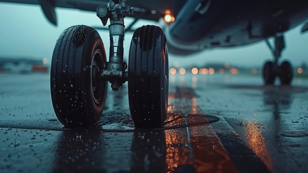 крупный кадр шасси самолета в дождливый день в аэропорту