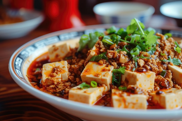 Photo closeup shot of a plate of mapo tofu with soft tofu cubes ground pork
