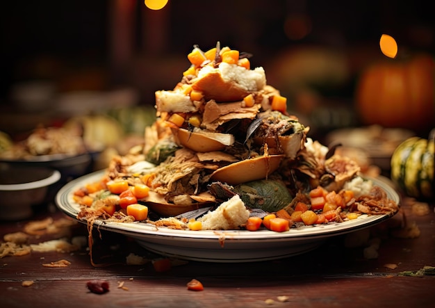 Photo a closeup shot of a plate piled high with thanksgiving leftovers captured from a high angle to sho