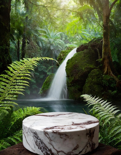 closeup shot of podium mockup marble in the green of rainforest with fern and waterfall