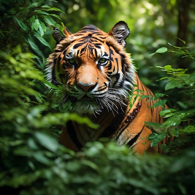 A closeup shot of a powerful tiger surrounded by a backdrop of dense
