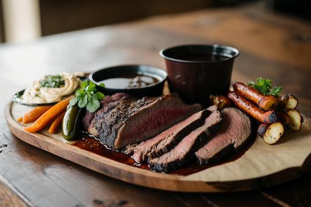 Closeup shot of rare steak on a wooden board