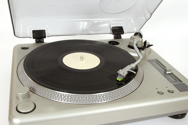 Closeup shot of a record player with vinyl