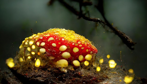 Closeup shot of a red mushroom growing below dry grass Generative Ai