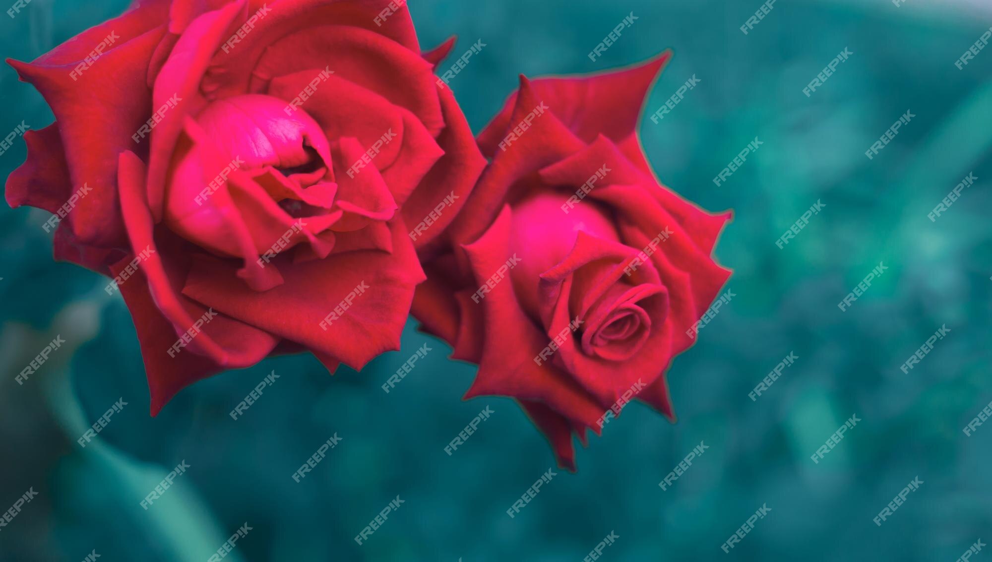 Premium Photo | Closeup shot of red rose to bloom and rose leaves on blue  style natural blur background