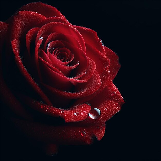 Closeup shot of a red rose with dew on top on a black