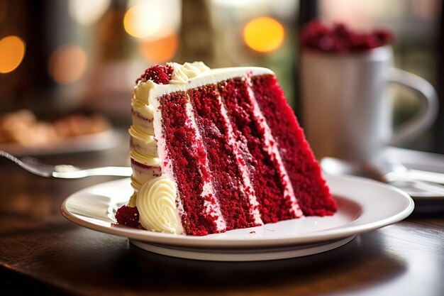 A closeup shot of a red velvet cake being drizzled with chocolate sauce