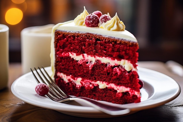 A closeup shot of a red velvet cake being drizzled with chocolate sauce