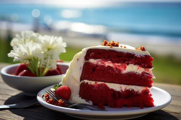 A closeup shot of a red velvet cake being drizzled with chocolate sauce