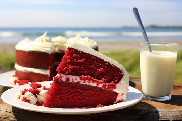 A closeup shot of a red velvet cake being drizzled with chocolate sauce