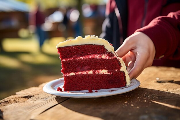 Foto una ripresa ravvicinata di una torta di velluto rosso cosparsa di salsa di cioccolato