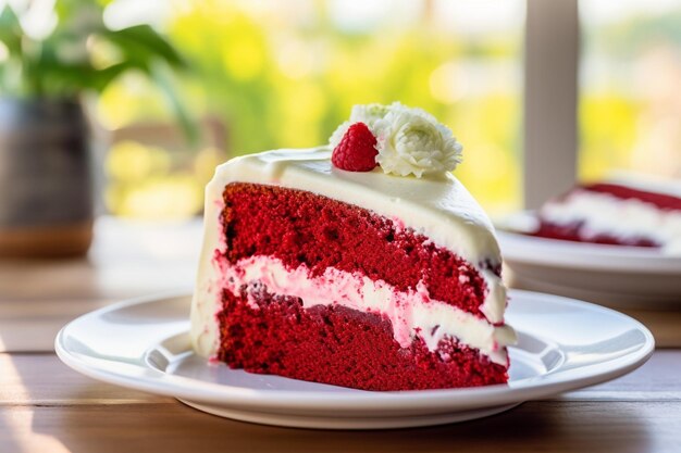 A closeup shot of a red velvet cake being drizzled with chocolate sauce