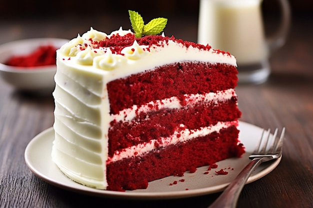 チョコレートソースを注ぐ赤いベルベットケーキのクローズアップショット