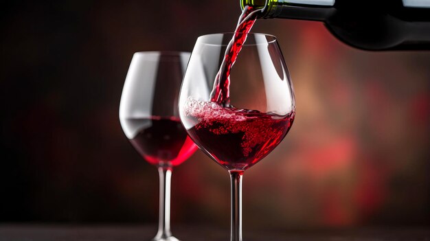 Photo closeup shot of red wine bottle pouring wine into glasses poring red wine in a glass with a black background