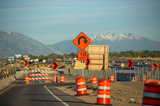 Closeup shot of road construction near the mountains