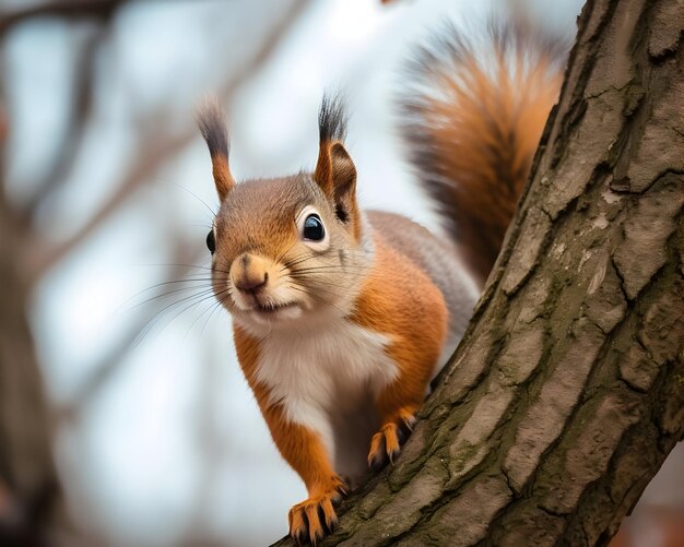 CloseUp Shot Of Rodent Squirrel On A Tree Branch