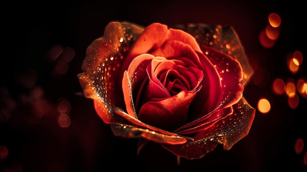 Closeup shot of a rose highlighted against a black background Generative AI