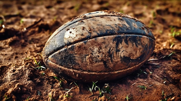 A closeup shot of a rugby ball on a muddy field illustration