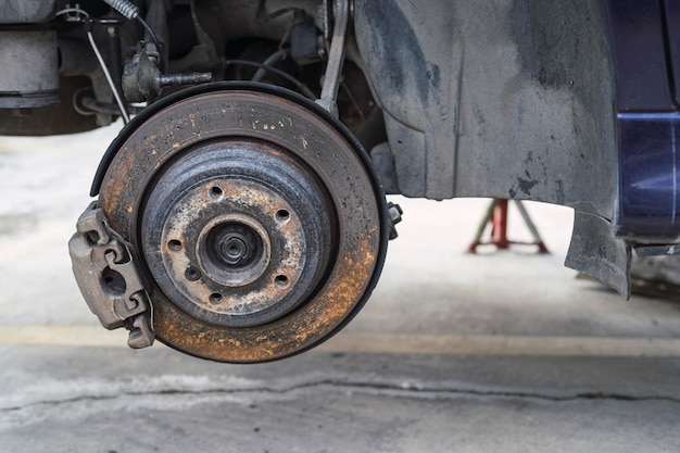 Closeup shot of a rusted brake of a car